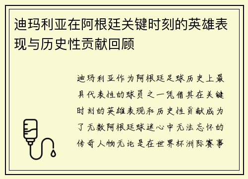 迪玛利亚在阿根廷关键时刻的英雄表现与历史性贡献回顾