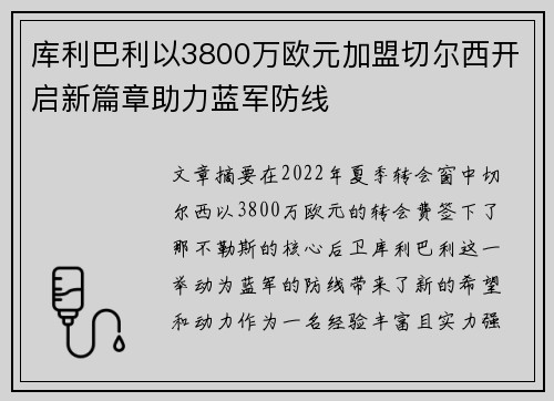 库利巴利以3800万欧元加盟切尔西开启新篇章助力蓝军防线