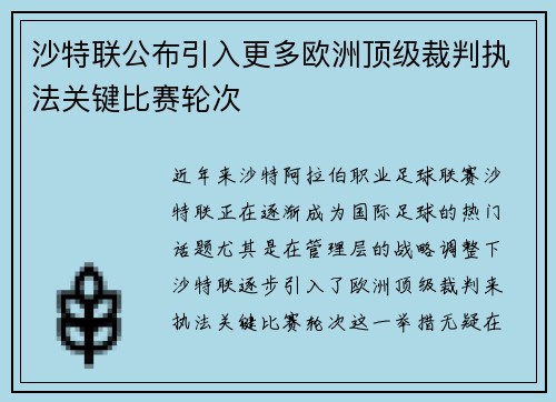 沙特联公布引入更多欧洲顶级裁判执法关键比赛轮次