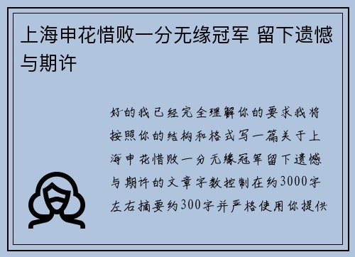 上海申花惜败一分无缘冠军 留下遗憾与期许